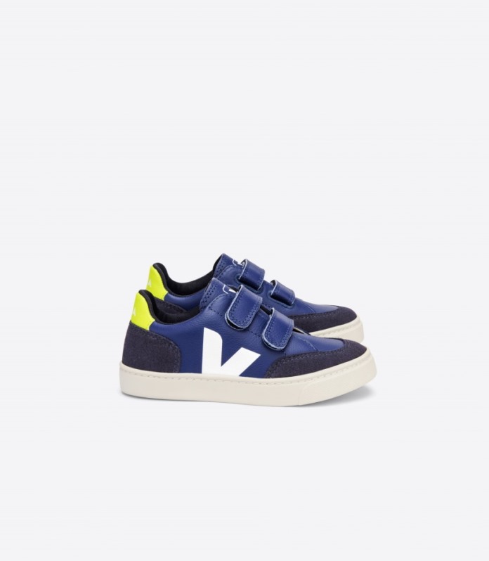 Veja Original V-12 Koža Bez Kroma Kobalt Bijela žuto Fluo